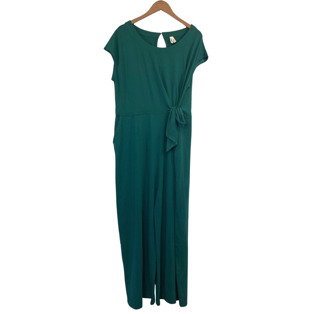 Pact Womens Organic Cotton Wide Leg Jumpsuit XL Green Pockets Side Tie Stretch